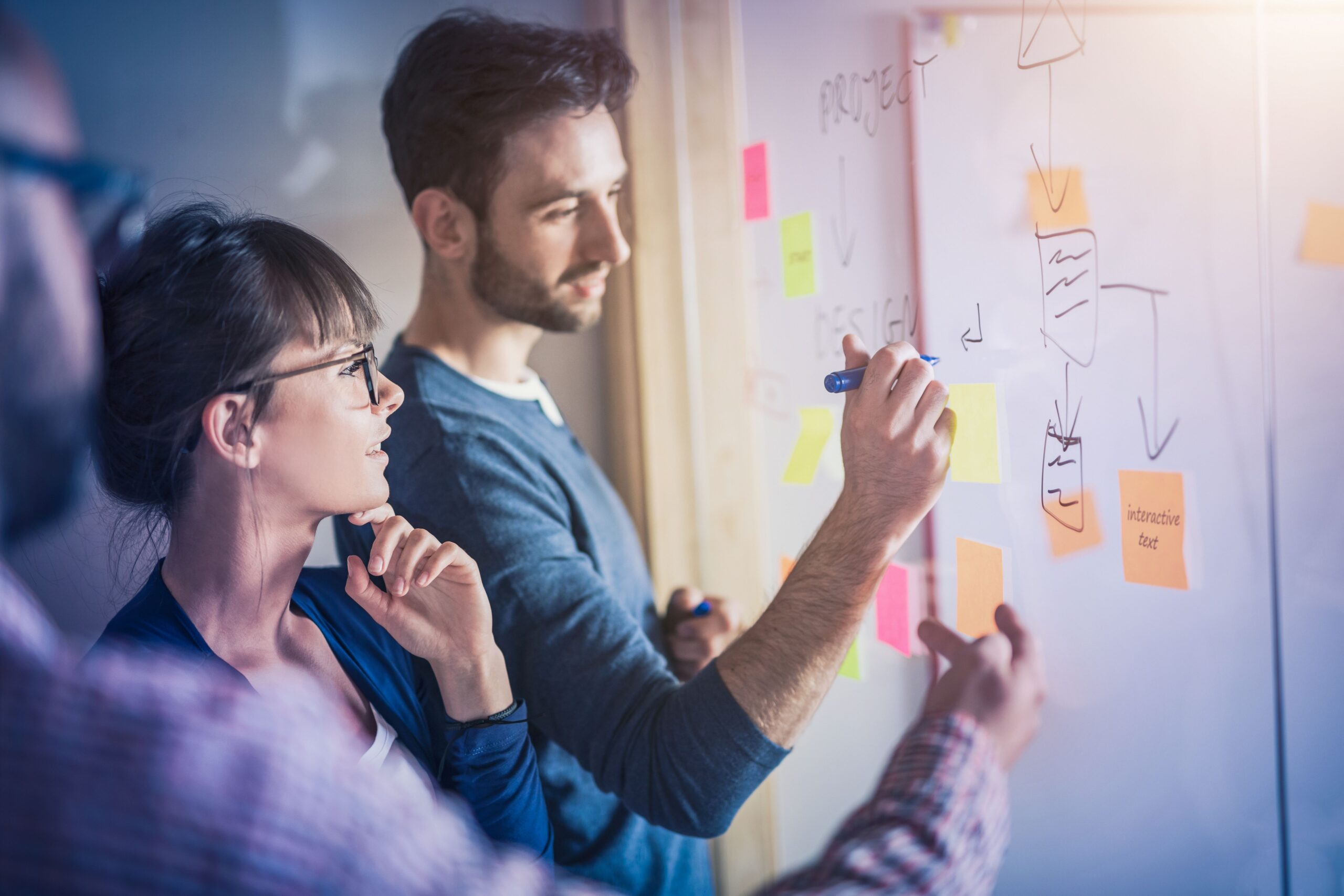 Zwei Führungskräfte analysieren mithilfe eines Whiteboards Kritierien der Unternehmensführung.